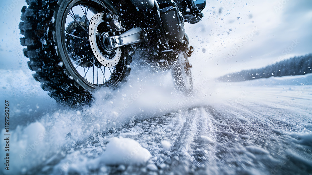 A dramatic shot of a motorcycle spinning in place creating a whirlwind of ice and snow.