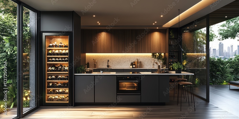 Modern luxury kitchen with wine cooler, island, and outdoor view. Modern luxury kitchen with wine cooler, island, and outdoor view.