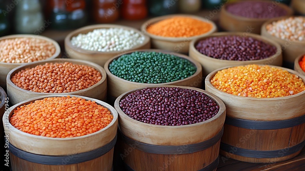 Wooden bowls filled with various colorful lentils and legumes Wooden bowls filled with various colorful lentils and legumes