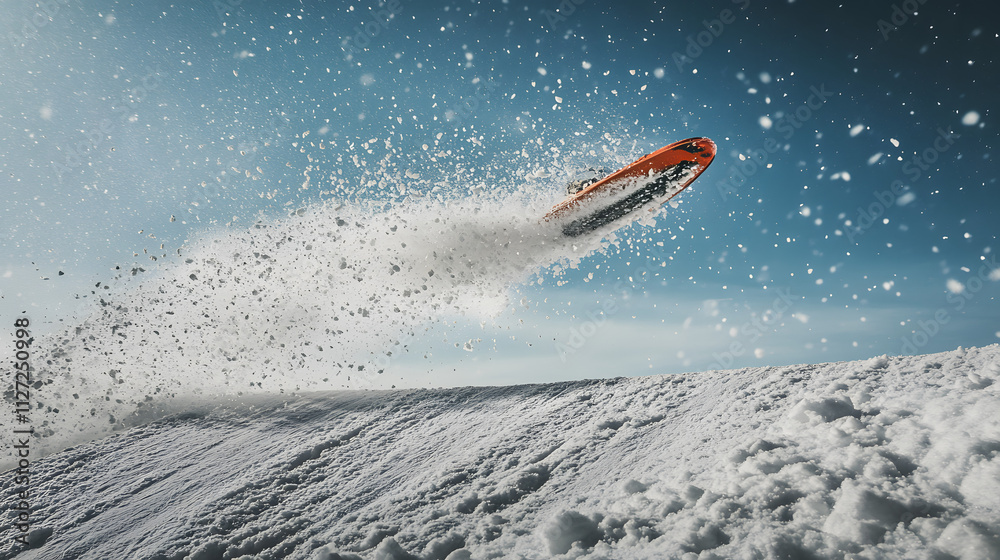 A dramatic shot of a sled mid-air as it launches off a snow ramp.