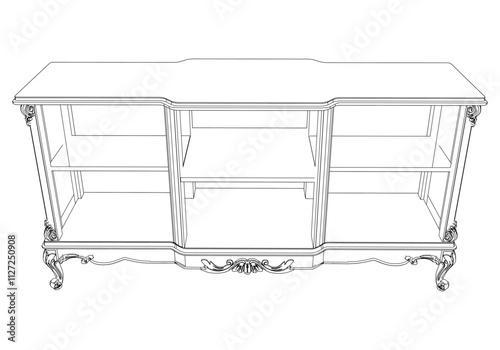 Elegant antique sideboard furniture and home interior decorations in trendy vintage retro style. Modern hand drawn black sketch vector illustrations isolated on white background