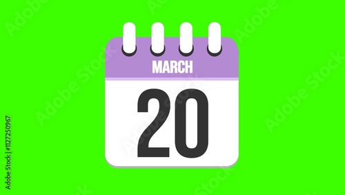 March 20. Cartoon style calendar. Cartoon style calendar with date and month name on green chroma key background. 4k.