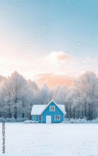 Blue house in snowy winter landscape at sunrise.