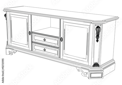 Elegant antique sideboard furniture and home interior decorations in trendy vintage retro style. Modern hand drawn black sketch vector illustrations isolated on white background