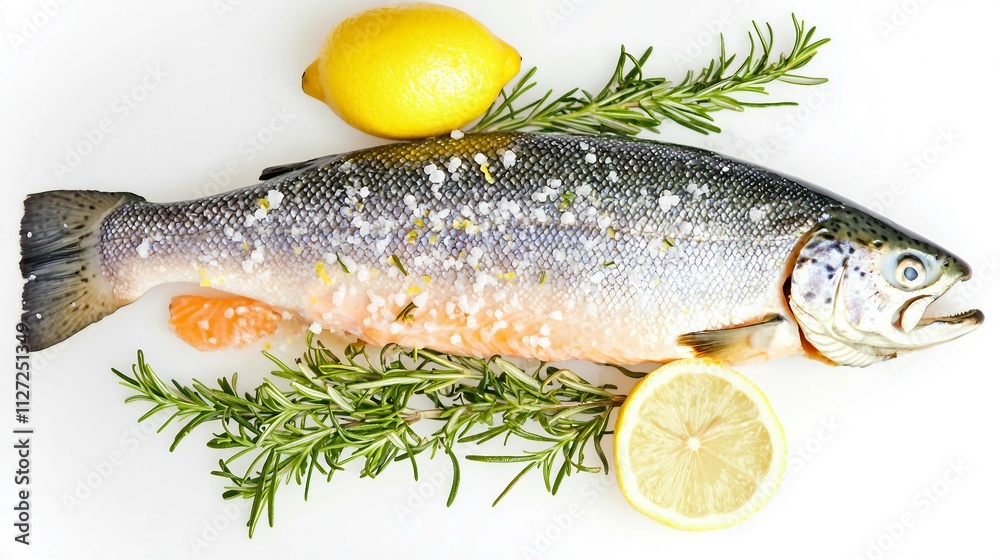 Fresh Rainbow Trout with Lemon and Rosemary on White Background Fresh Rainbow Trout with Lemon and Rosemary on White Background