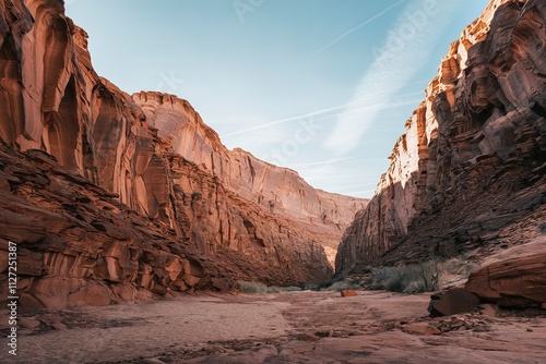 a breathtaking canyon landscape with towering red rock walls on both sides