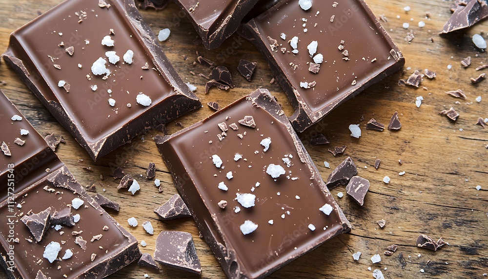 Dark chocolate bars with sea salt flakes on a natural wooden surface