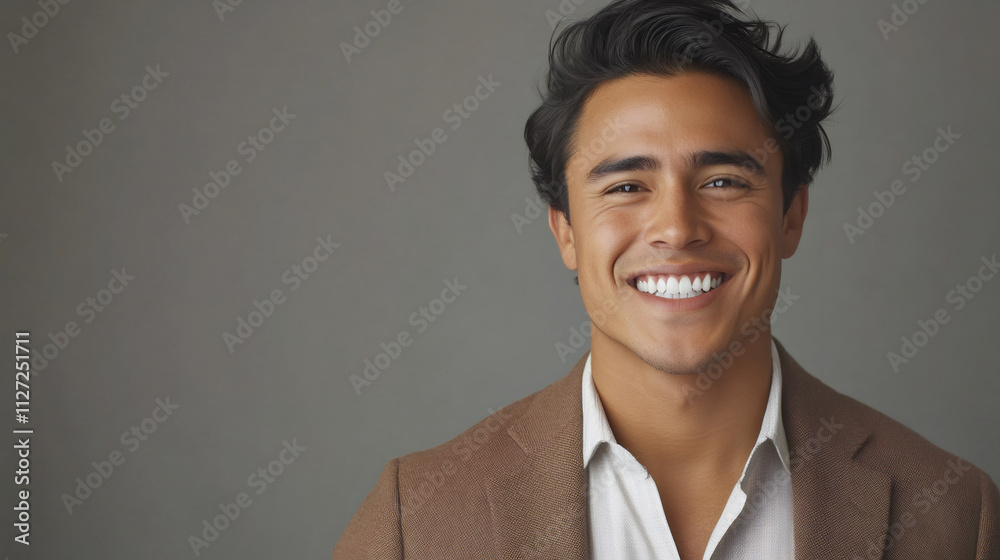 Portrait of a cheerful young latin professional in a light brown jacket and white shirt against a gray backdrop Portrait of a cheerful young latin professional in a light brown jacket and white shirt against a gray backdrop