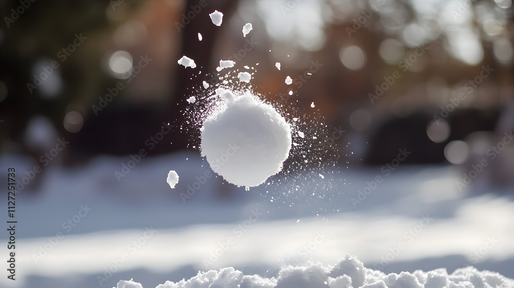 A dynamic moment of a snowball mid-air during a heated snowball fight.