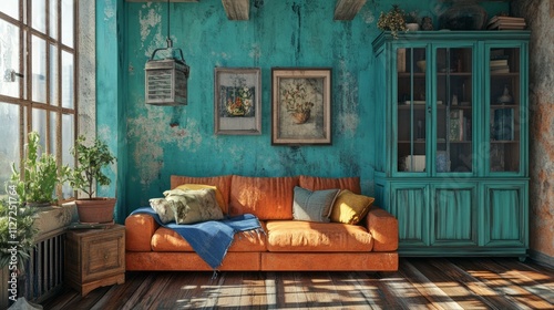 Sunlit rustic living room with teal walls, leather couch, and antique cabinet.