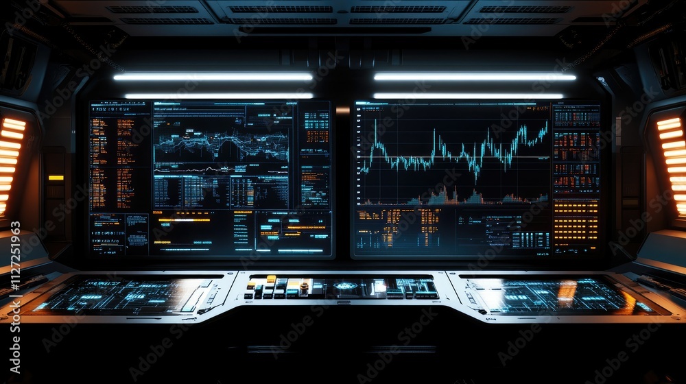Fototapeta premium Futuristic trading room with large monitors displaying stock market data and charts.