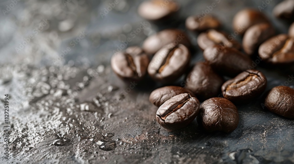Close-up of roasted coffee beans on wet dark surface Close-up of roasted coffee beans on wet dark surface