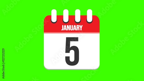 January 5. Cartoon style calendar. Cartoon style calendar with date and month name on green chroma key background. 4k.