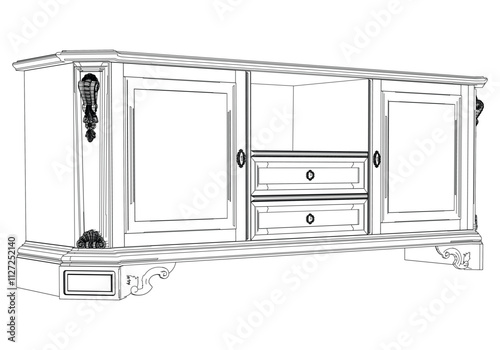 Elegant antique sideboard furniture and home interior decorations in trendy vintage retro style. Modern hand drawn black sketch vector illustrations isolated on white background