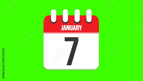 January 7. Cartoon style calendar. Cartoon style calendar with date and month name on green chroma key background. 4k.