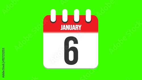 January 6. Cartoon style calendar. Cartoon style calendar with date and month name on green chroma key background. 4k.