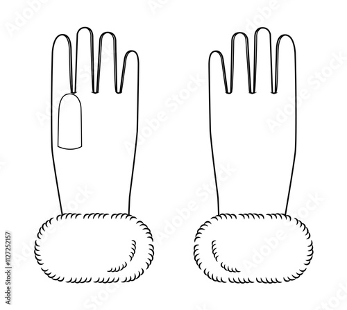 Fur Gloves Wrist Above length Fashion hand accessory clothing technical illustration garment. Vector front palm back view for Men, women style flat template CAD mockup sketch on white background