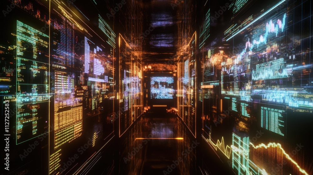 Futuristic tunnel with glowing holographic displays of data and graphs. Futuristic tunnel with glowing holographic displays of data and graphs.