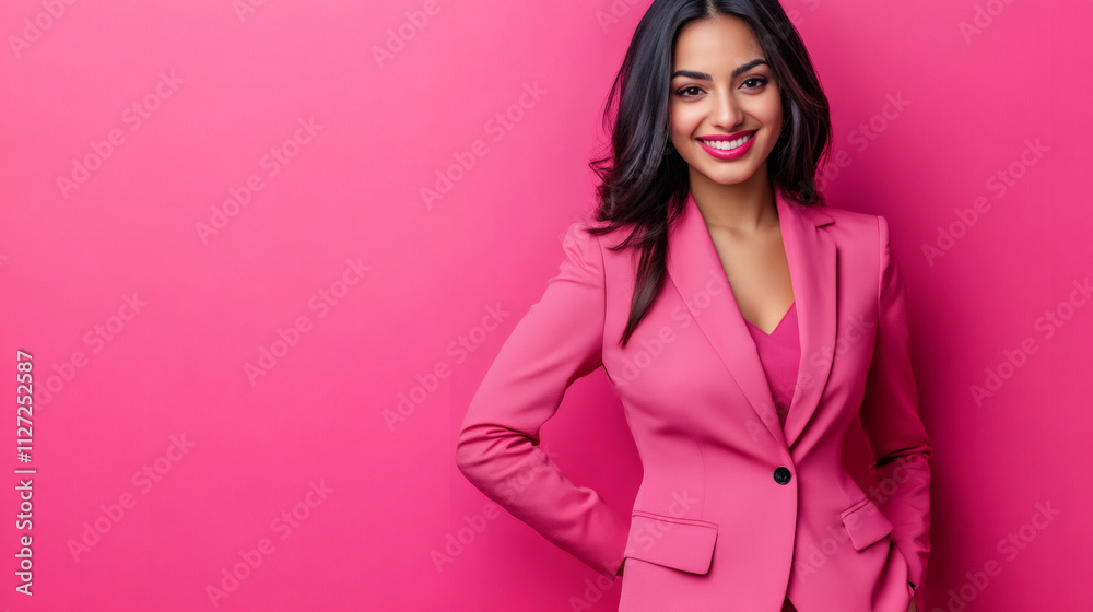 Happy businesswoman in a pink suit posing with hands on hips in a studio portrait against a bright pink background Happy businesswoman in a pink suit posing with hands on hips in a studio portrait against a bright pink background