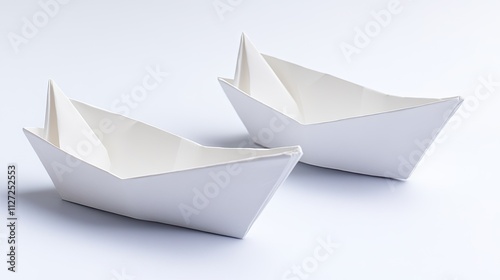 Two white origami boats are arranged on a clean surface, with one boat leading the other. The minimalistic design and soft shadows create a calm and focused atmosphere