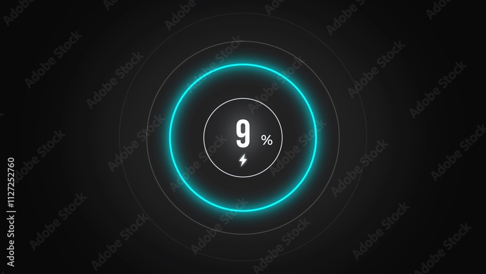 Loading screen at 9%, screen cell phone display while charging battery 9%. Loading screen at 9%, screen cell phone display while charging battery 9%.