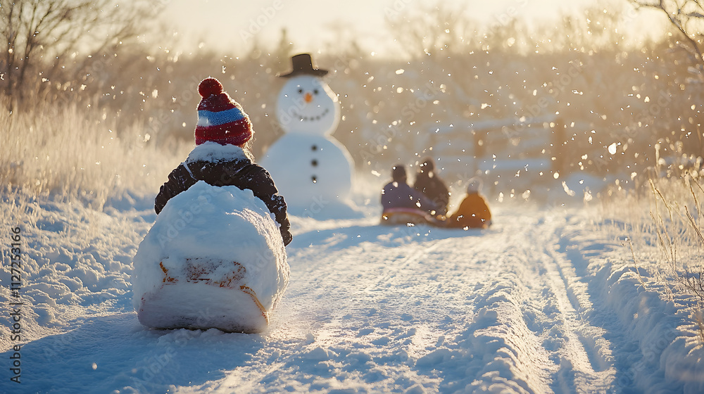 A family enjoying sledding together in a snowy meadow with a snowman in the background.