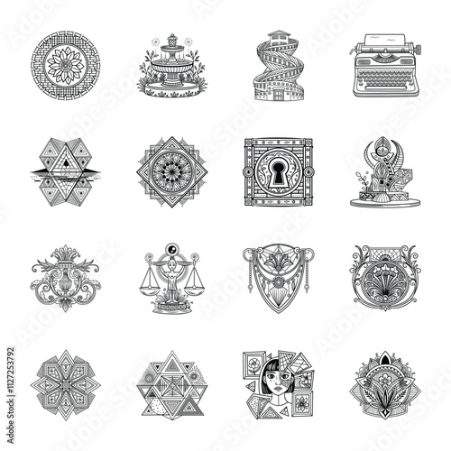 Set of Glyph Style Vintage Hotel Decor Illustrations 

