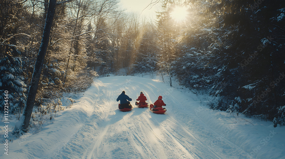 A family riding sleds together down a gentle snowy slope in a forest.