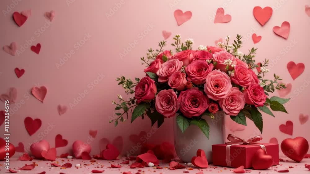 A bouquet of red roses is placed in a white vase on a pink background with hearts scattered around. The arrangement is a romantic gesture, likely for Valentine's Day or a special occasion