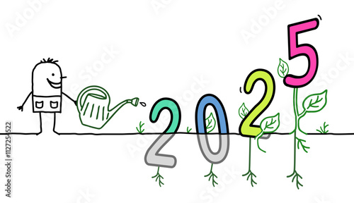 Cartoon Gardener Man Watering a big colored 2025 sign