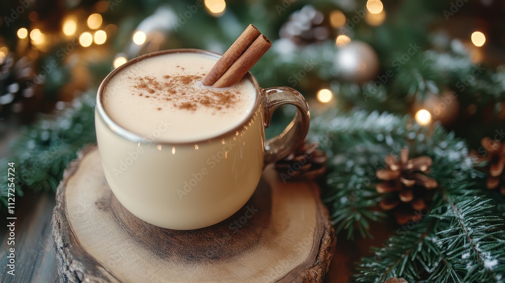 A warm cup of holiday beverage topped with cinnamon, surrounded by festive decorations. A warm cup of holiday beverage topped with cinnamon, surrounded by festive decorations.