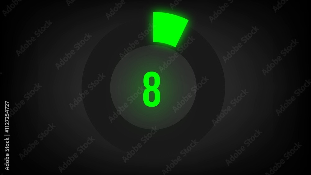 Numerical counting 8. Circular progress bar with bright neon green light in 8%. Numerical counting 8. Circular progress bar with bright neon green light in 8%.