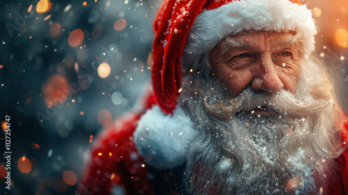 Photo of a person Santa Claus in Christmas Xmas red cap hat and costume on winter background. New Year