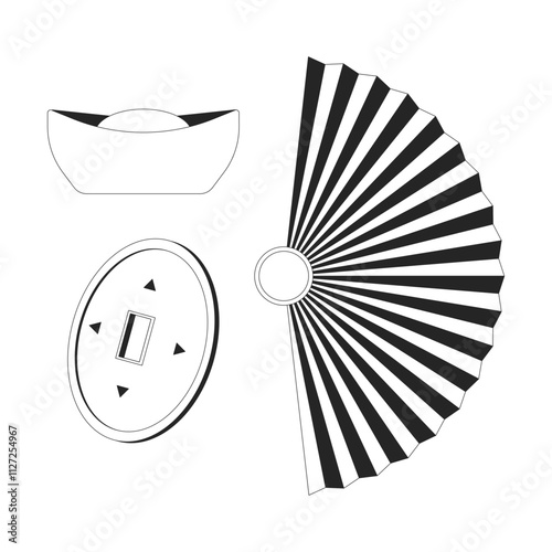 Chinese New Year symbols of prosperity black and white 2D line objects set. Sycee yuanbao, feng shui coin, asian fan isolated clip arts vector outline items collection. Monochrome spot illustrations