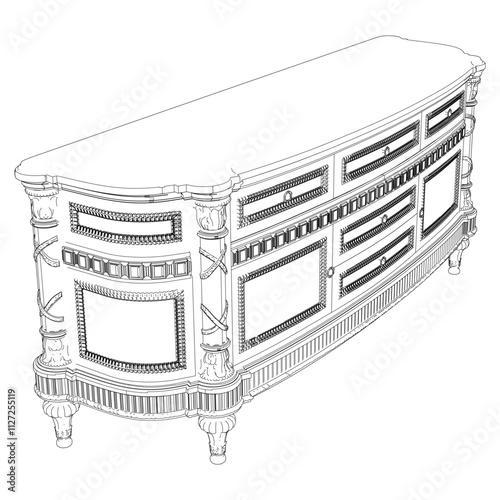 Elegant antique sideboard furniture and home interior decorations in trendy vintage retro style. Modern hand drawn black sketch vector illustrations isolated on white background