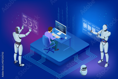 Isometric AI-powered robot ensuring information privacy through advanced cybersecurity measures. It enhances the security, performance of databases while providing secure online banking.