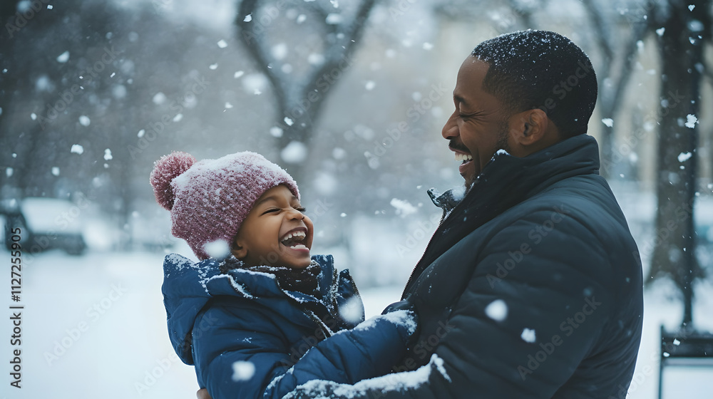 A father and daughter laughing and throwing snowballs at each other in a snowy park.