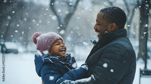 Obraz na płótnie A father and daughter laughing and throwing snowballs at each other in a snowy park. w salonie
