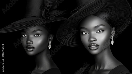 Striking black and white portrait of elegant women in stylish hats