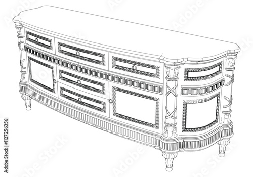 Elegant antique sideboard furniture and home interior decorations in trendy vintage retro style. Modern hand drawn black sketch vector illustrations isolated on white background