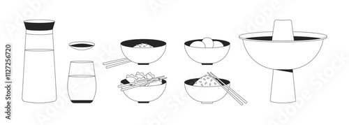 Authentic chinese cuisine black and white 2D line objects set. Drinkware. Rice bowls, rice balls, dumplings meal isolated clip arts vector outline items collection. Monochrome spot illustrations