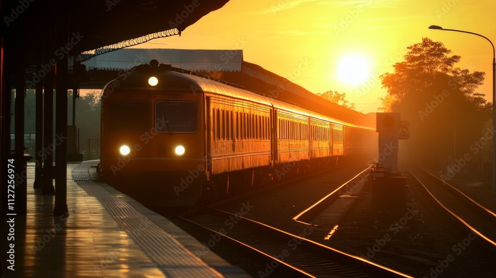 Naklejka premium Sunrise illuminates a passenger train arriving at a station platform.