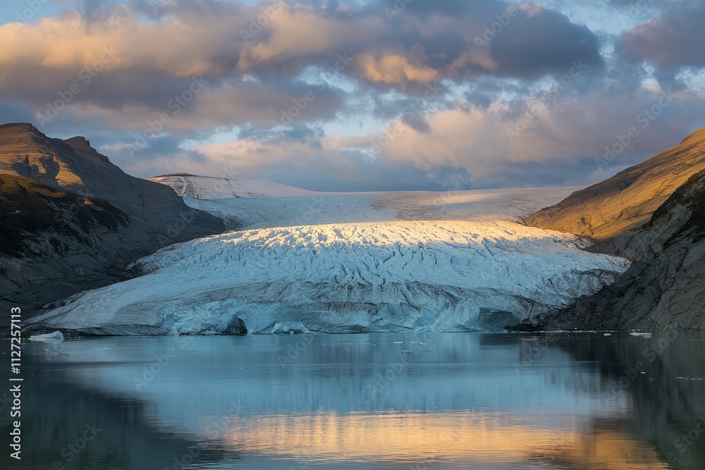 Fototapeta premium A photo of a majestic glacier illuminated by the bright golden evening sun