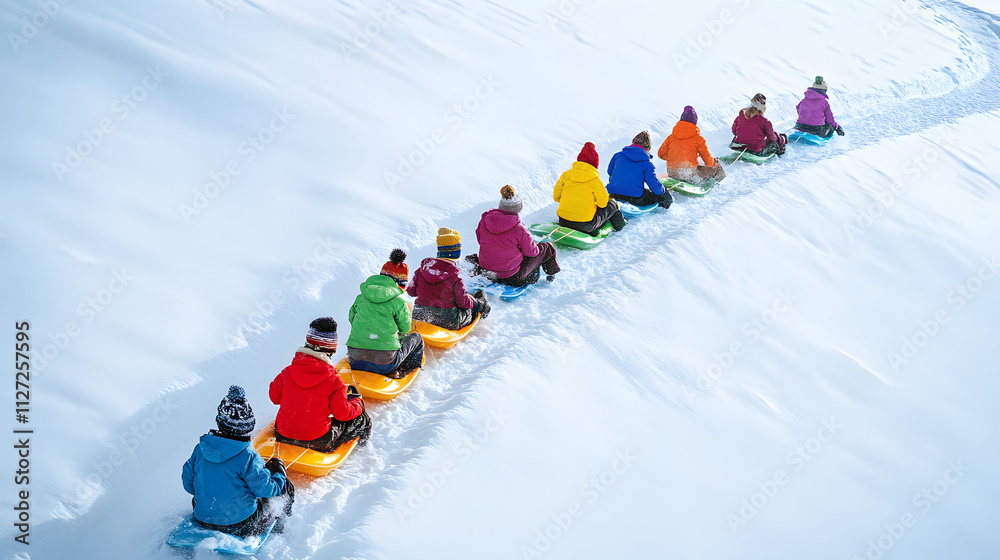 A group of children forming a train with their sleds sliding together down a snowy hill.