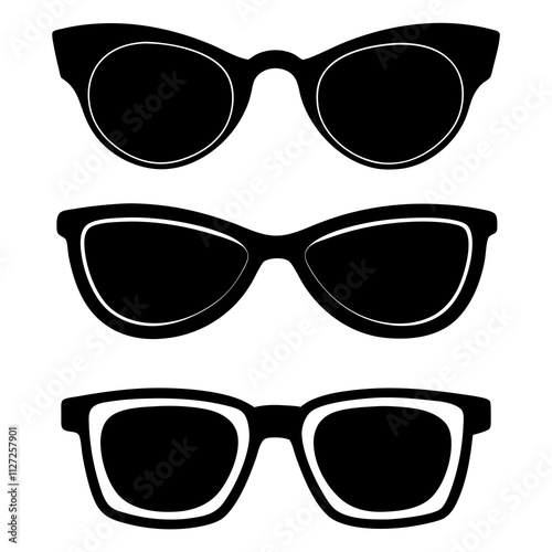 Black fashion sunglasses collection shape icons. Set of sunglasses art front view. Sunglasses elements silhouette art & illustration.