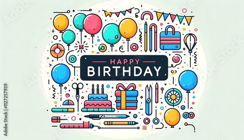 Colorful Birthday Illustration Featuring Balloons Cake and Gifts