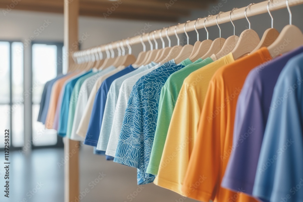 Obraz premium Colorful t-shirts hanging on hangers. Generative AI