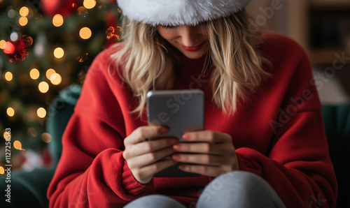 Christmas time. Closeup on small business owner woman in santa hat and red jacket with documents and laptop using smartphone app and working in green office with Christmas tree