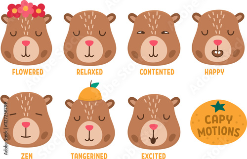 Vector capybara set. Cute capibara heads collection showing different emotions and feelings. Funny guinea pigs relaxed, contented, excited, zen, excited. Psychological stickers pack