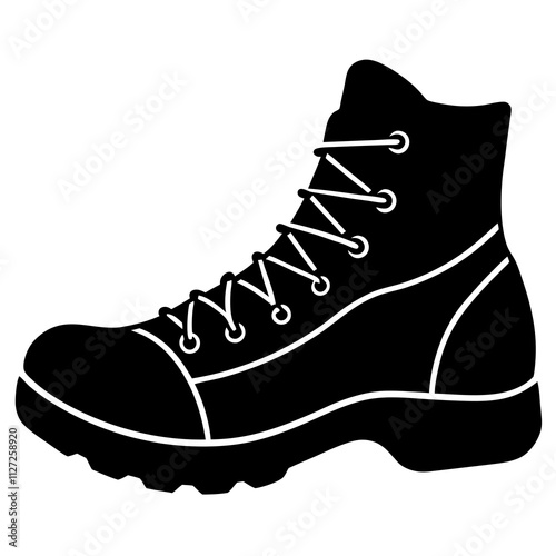 Black hiking boot shape icons. Shooe shapes art front view. Hiking elements silhouette art & illustration.